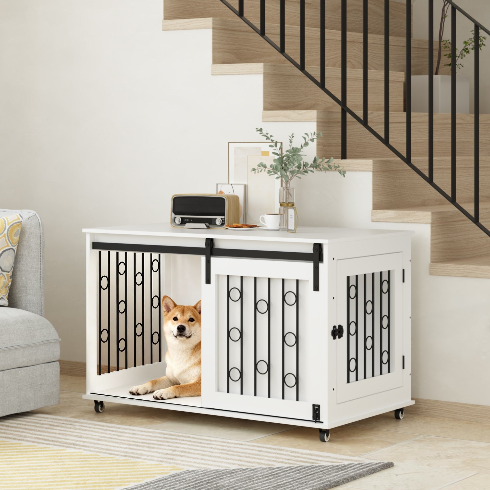 39.37 Wooden Dog Crate Furniture With Sliding Barn Door And Side Door Indoor Dog Kennel End Table For Small To Medium Dogs