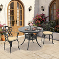 39.37In Round Black Cast Aluminum Outdoor Dining Table 2 Outdoor Chairs With Brown Cushions 3 Piece Set