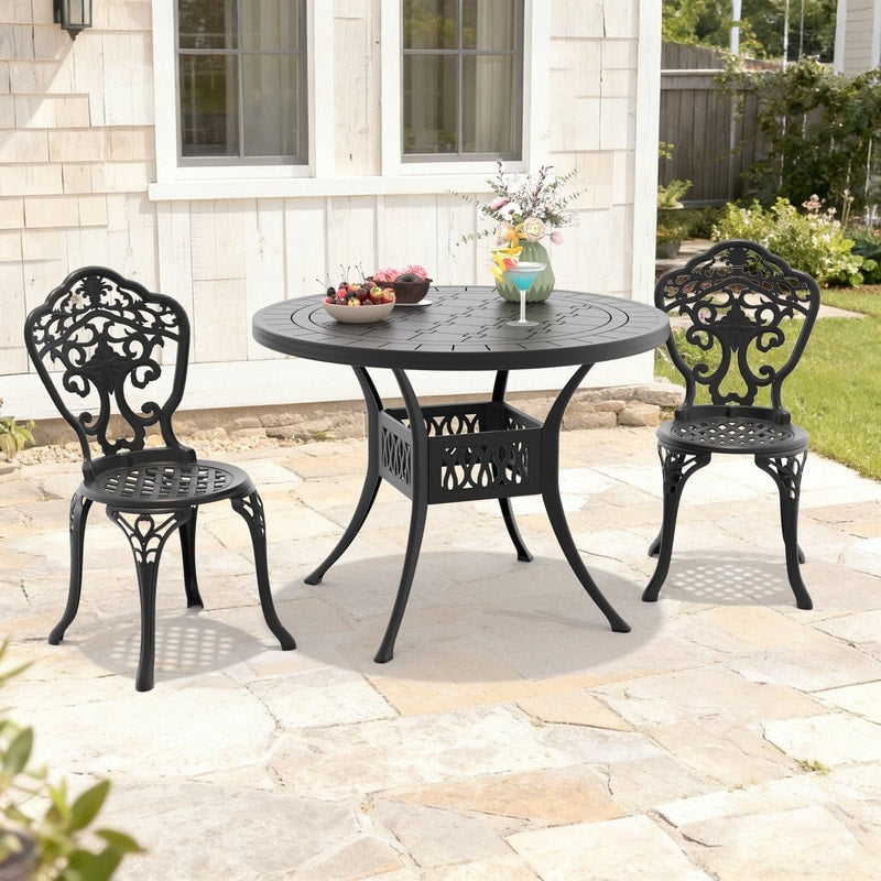 39.37In Round Black Cast Aluminum Outdoor Dining Table 2 Outdoor Dining Chairs Without Cushion