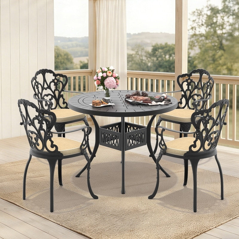 39.37In Round Black Cast Aluminum Outdoor Dining Table 4 Outdoor Chairs With Brown Cushions 5 Piece Set