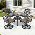 39.37In Round Black Cast Aluminum Outdoor Dining Table And 4 Swivel Black Frame Outdoor Chairs With Brown Cushions