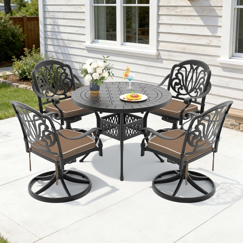 39.37In Round Black Cast Aluminum Outdoor Dining Table And 4 Swivel Black Frame Outdoor Chairs With Brown Cushions
