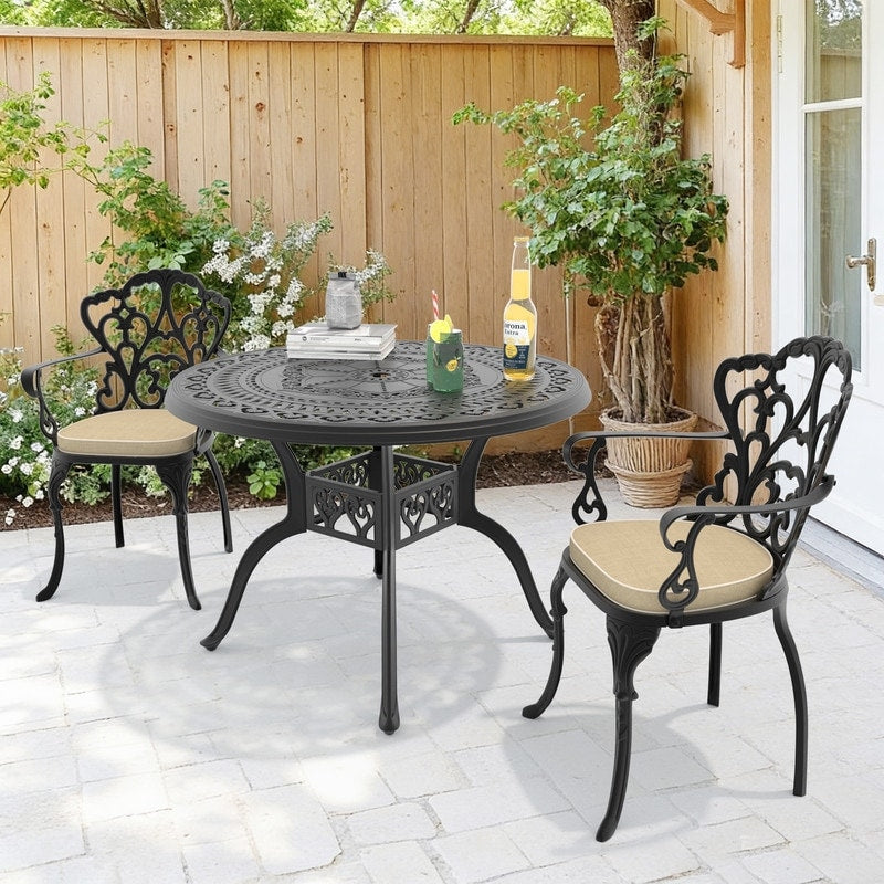 39.37In Round Black Cast Aluminum Outdoor Dining Table With Unbrella Hole 2 Outdoor Chairs With Brown Cushions 3 Piece Set