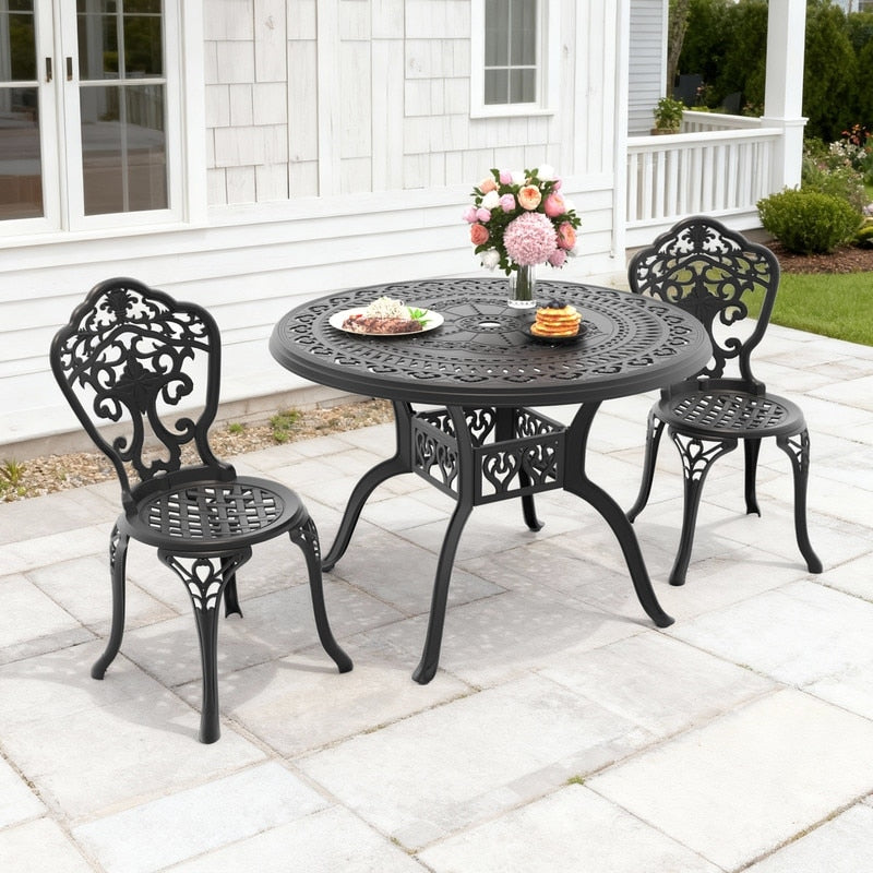 39.37In Round Black Cast Aluminum Outdoor Dining Table With Unbrella Hole 2 Outdoor Dining Chairs Without Cushion
