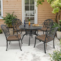 39.37In Round Black Cast Aluminum Outdoor Dining Table With Unbrella Hole 4 Outdoor Chairs With Brown Cushions 5 Piece Set