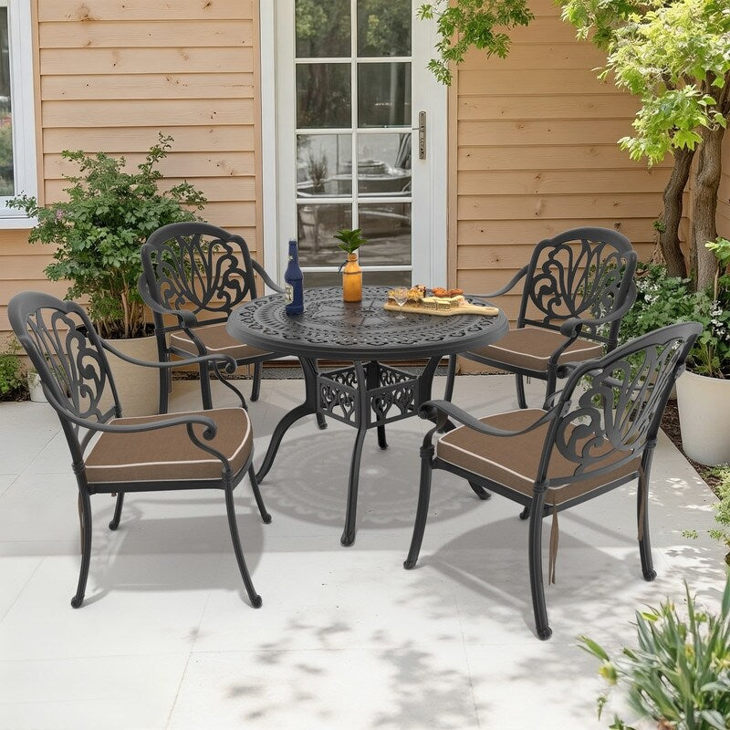 39.37In Round Black Cast Aluminum Outdoor Dining Table With Unbrella Hole 4 Outdoor Chairs With Brown Cushions 5 Piece Set