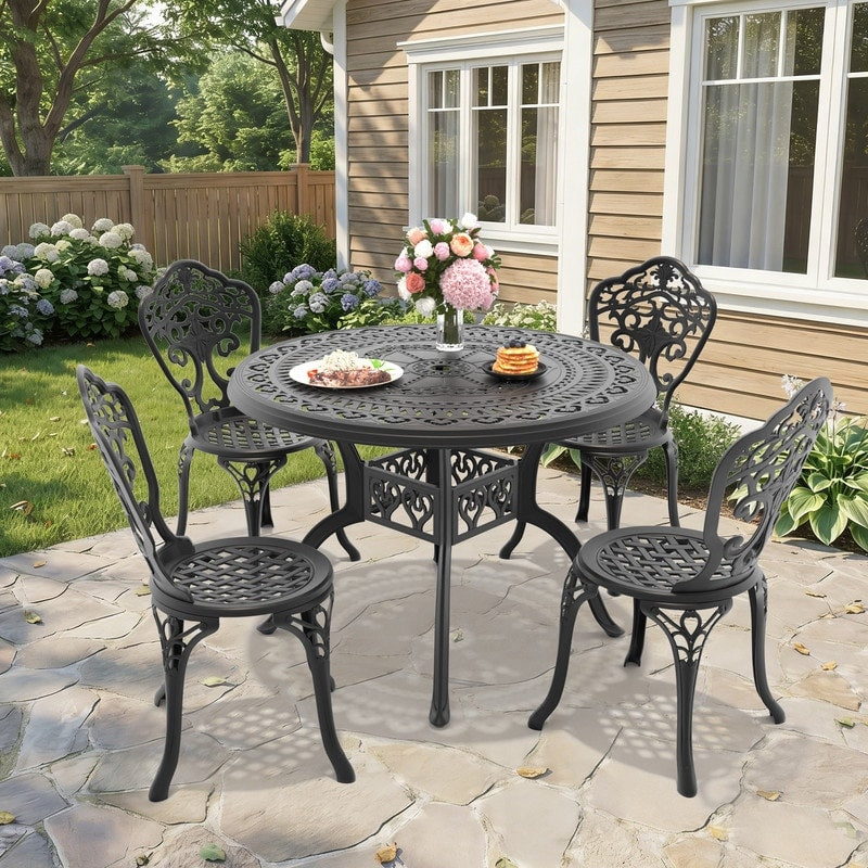 39.37In Round Black Cast Aluminum Outdoor Dining Table With Unbrella Hole 4 Outdoor Dining Chairs Without Cushion