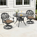 39.37In Round Cast Aluminum Outdoor Dining Table And 2 Swivel Black Frame Outdoor Chairs With Brown Cushions