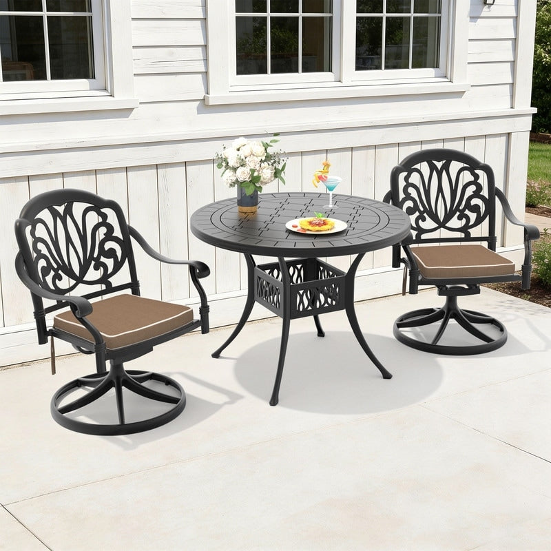 39.37In Round Cast Aluminum Outdoor Dining Table And 2 Swivel Black Frame Outdoor Chairs With Brown Cushions