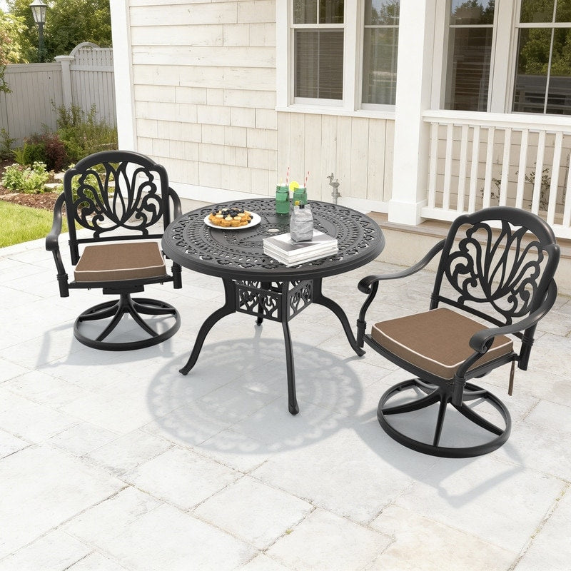 39.37In Round Cast Aluminum Outdoor Dining Table And 2 Swivel Black Frame Outdoor Chairs With Brown Cushions