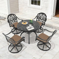 39.37In Round Cast Aluminum Outdoor Dining Table And 4 Swivel Black Frame Outdoor Chairs With Brown Cushions