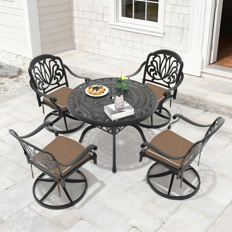 39.37In Round Cast Aluminum Outdoor Dining Table And 4 Swivel Black Frame Outdoor Chairs With Brown Cushions
