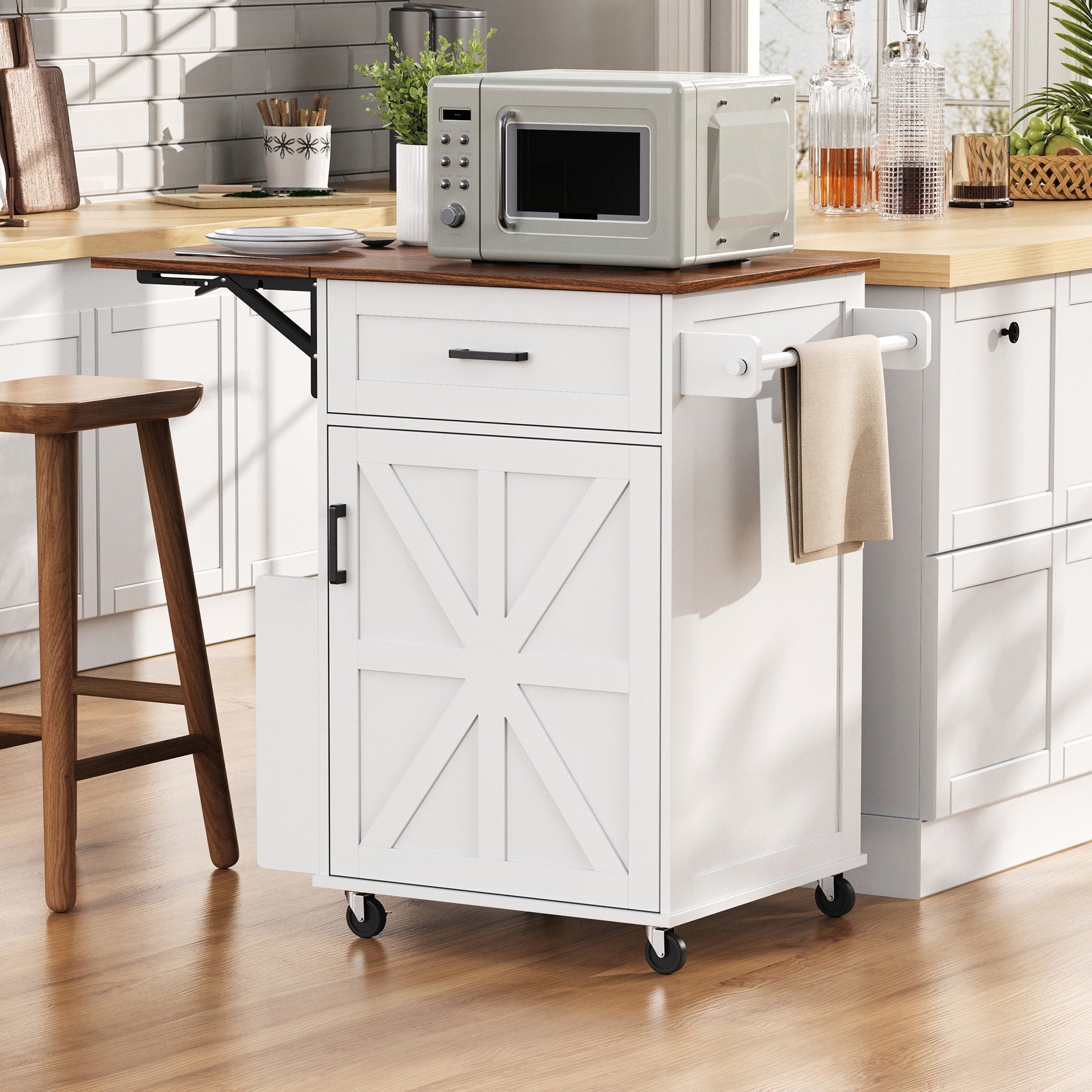 39.3 Farmhouse Kitchen Island With Drop Leaf Towel Rack Rolling Cart