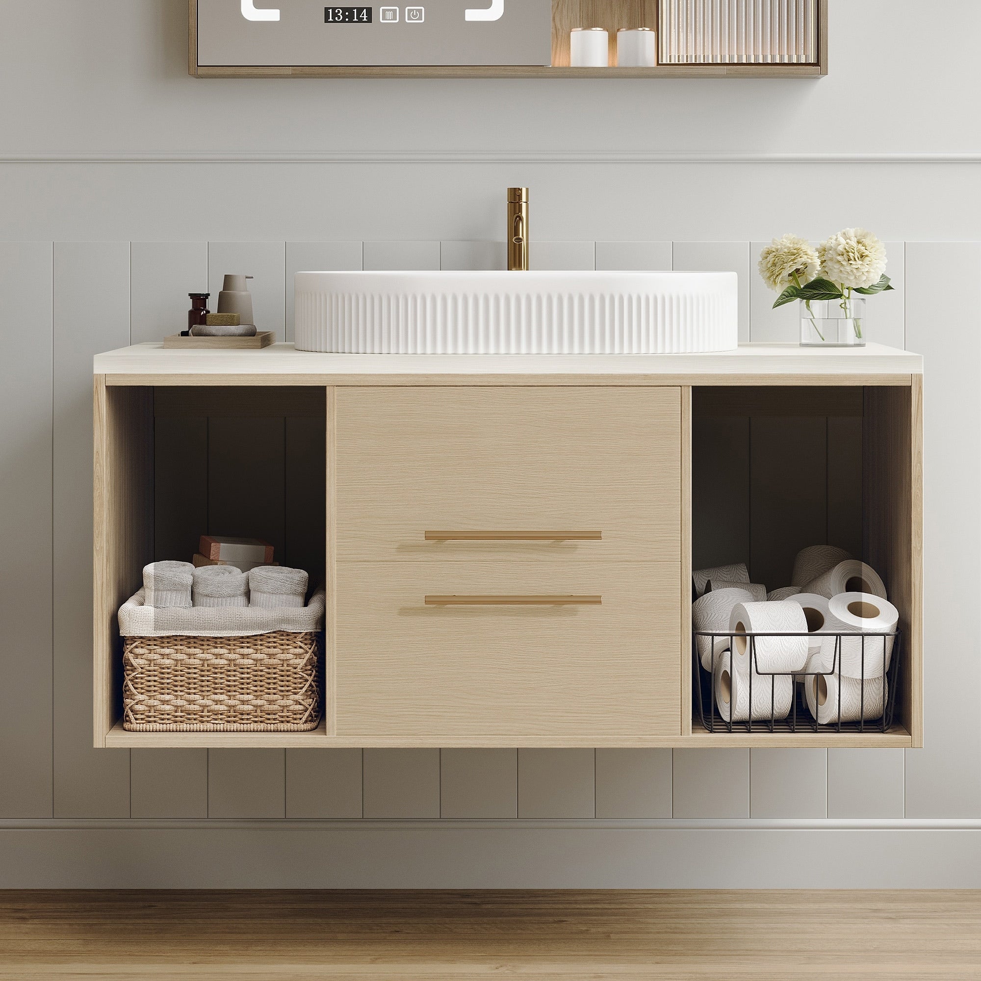 39.3 Wall Mounted Bathroom Vanity With Oval Ceramic Sink Floating Multi Layer Cabinet Soft Close Drawers Open Shelf Storage