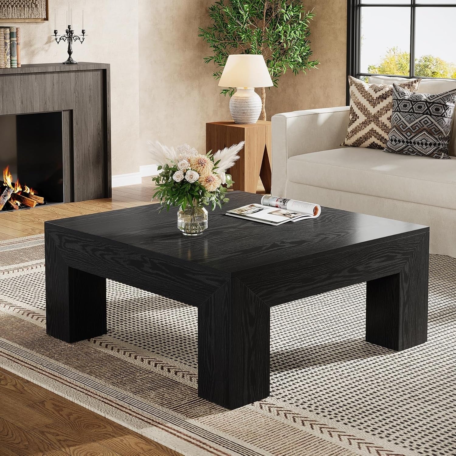 39.4 Inch Square Coffee Table For Living Room Farmhouse Accent Center Cocktail Table With Sturdy Wooden Legs