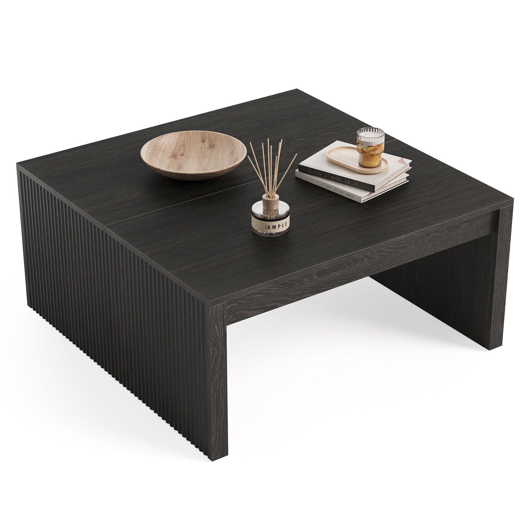 39.4 Inch Square Coffee Table Mid Century Modern Fluted Coffee Table