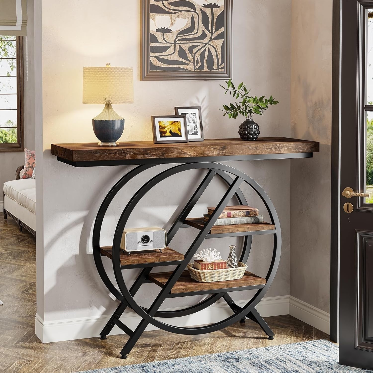 39.4 Industrial 4 Tier Entryway Console Table With Geometric Circle Metal Frame Storage Shelves