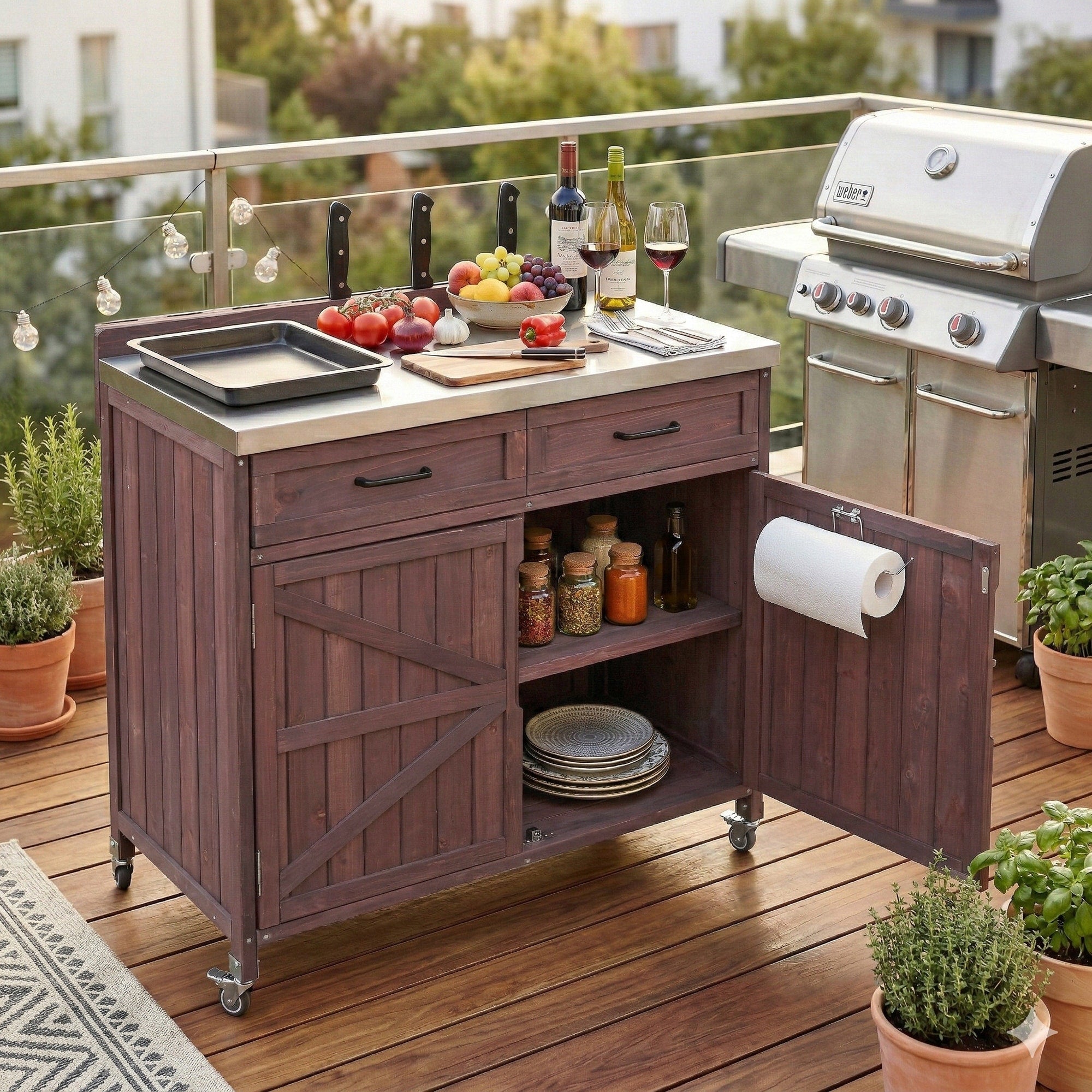 39.4 Outdoor Kitchen Island With Stainless Table Top One Large Drawer Adjustable Shelves Internal Storage Racks 4 Wheels