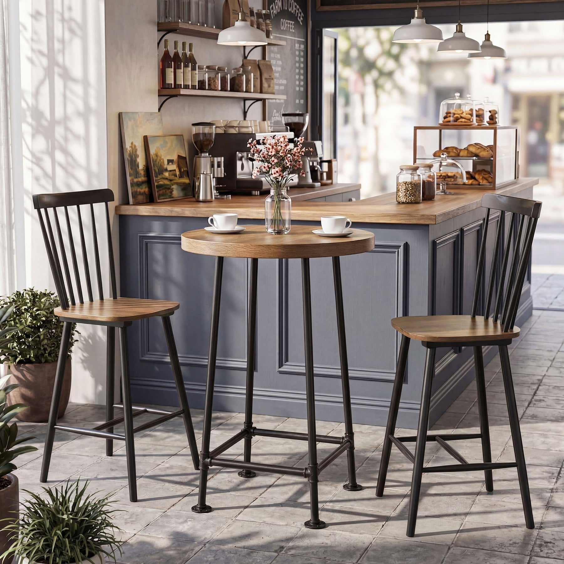 39.4 Round Bar Table High Top Pub Table With Metal Footrest