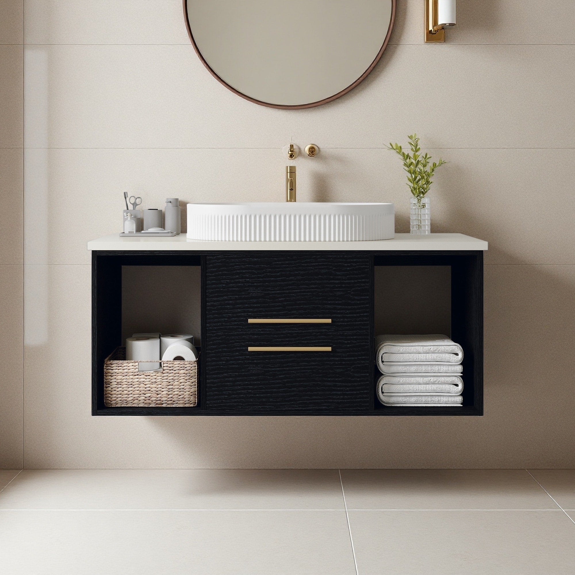 39.4 Solid Wood Water Resistant Wall Mounted Bathroom Vanity With Oval Ceramic Sink Soft Close Drawers And Open Shelf
