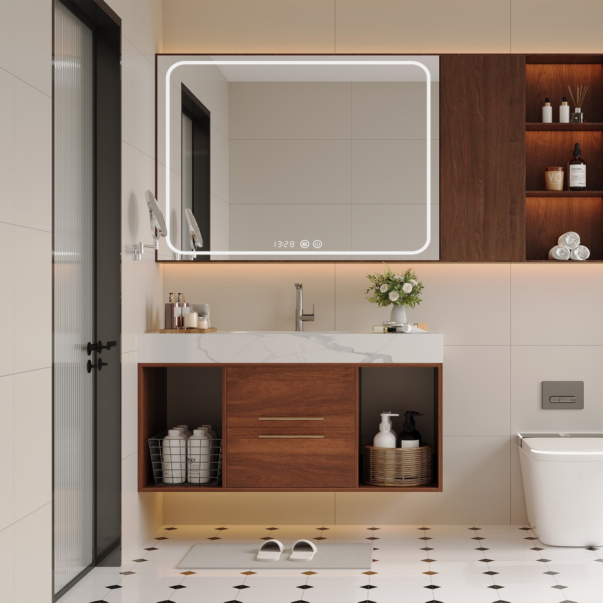 39.4 Floating Bathroom Vanity With Ceramic Sink Wall Mounted Vanity 2 Soft Close Drawer And White Slate Top
