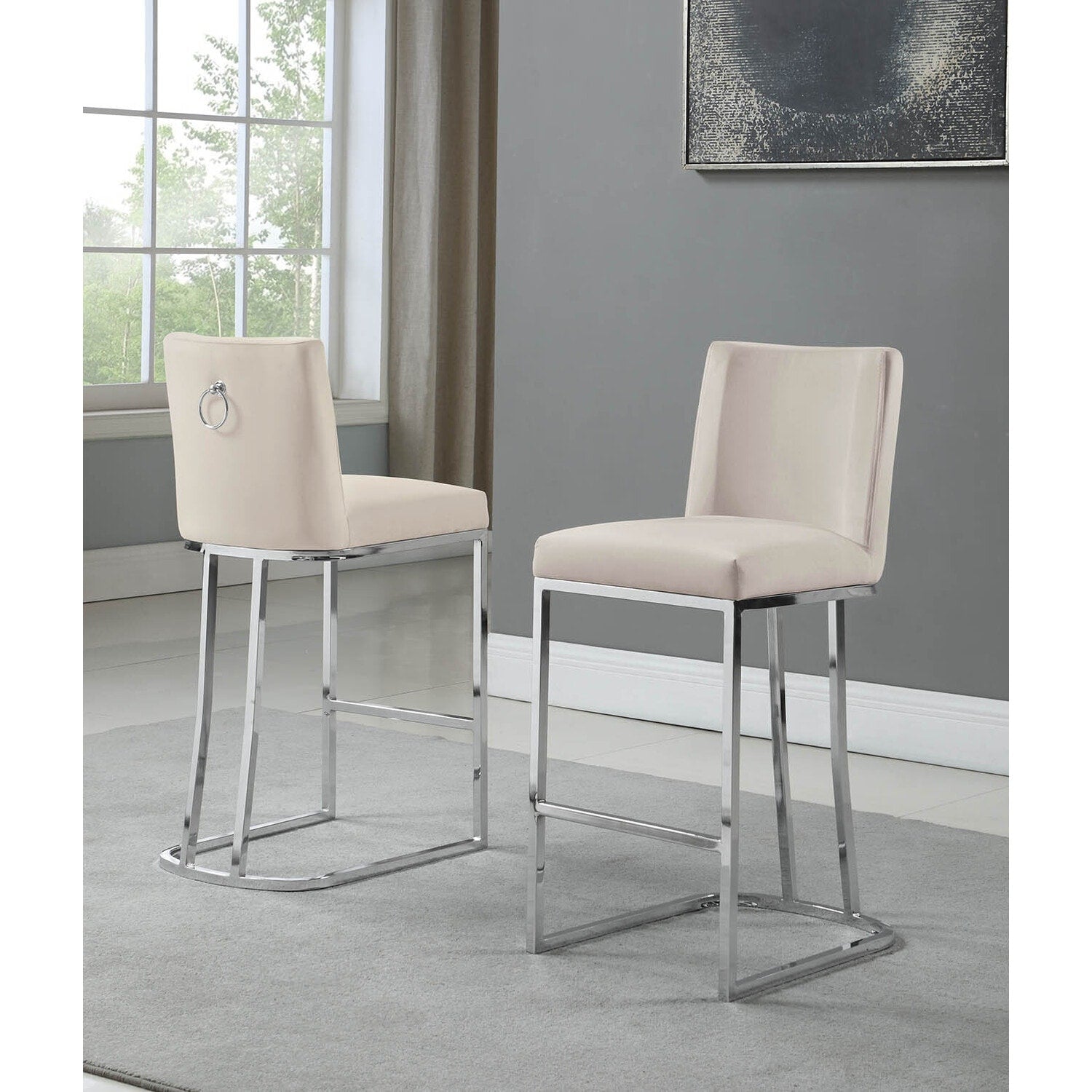 39.5 In.H Beige Finish Low Back Metal Frame Barstool Fabric Seat Set Of 2 41