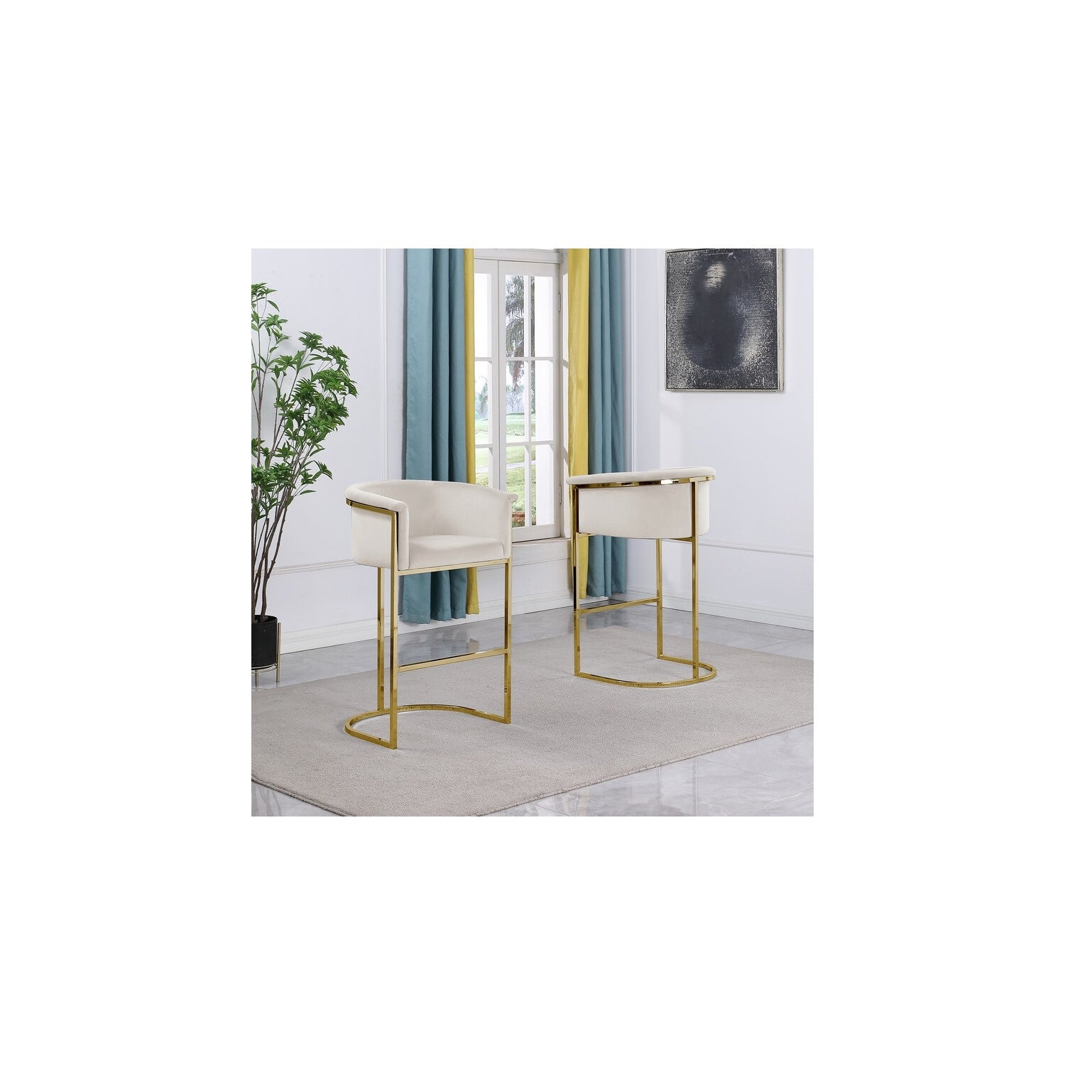 39.5 In.H Beige Finish Low Back Metal Frame Barstool Velvet Seat Set Of 1 41