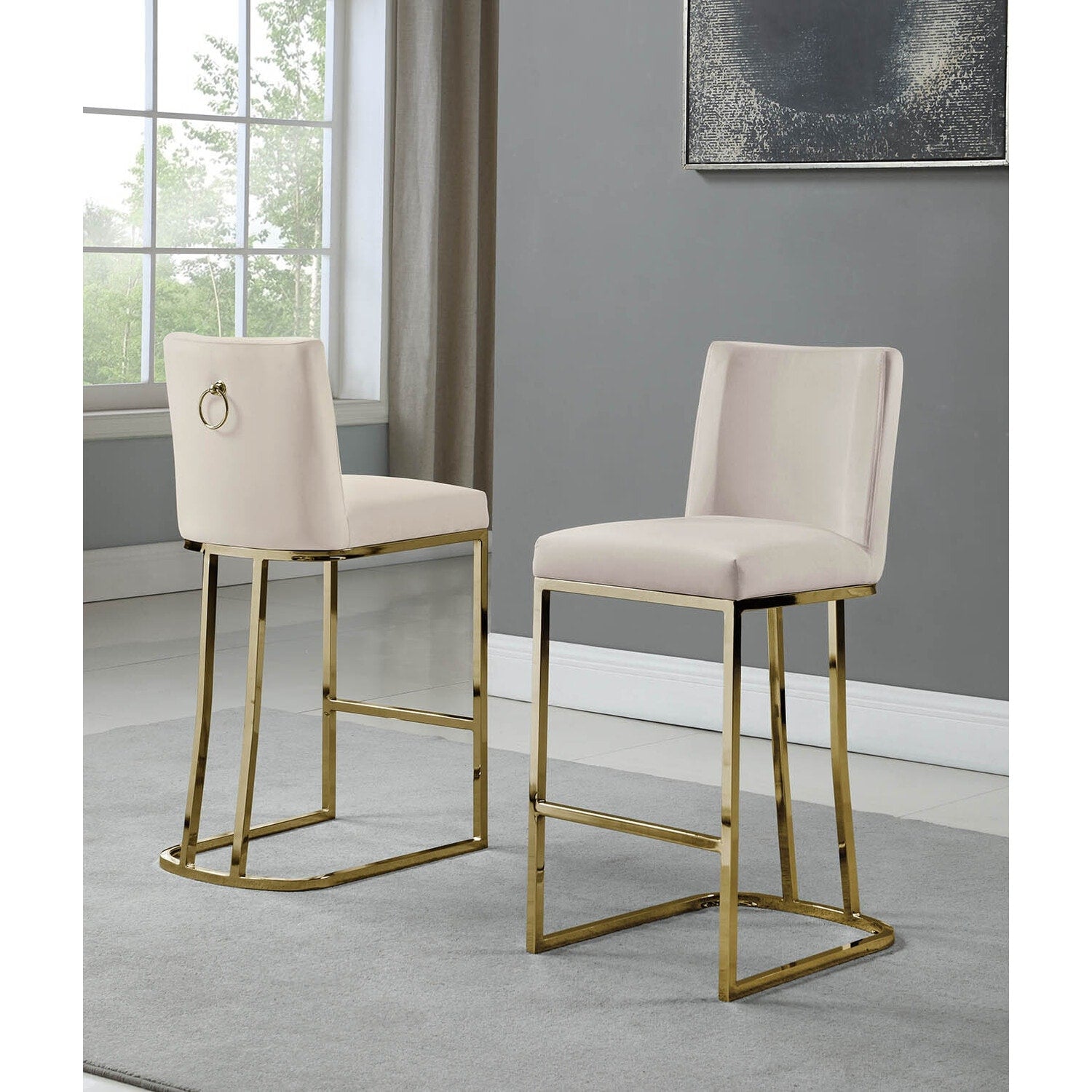 39.5 In.H Beige Finish Low Back Metal Frame Barstool Velvet Seat Set Of 2 41