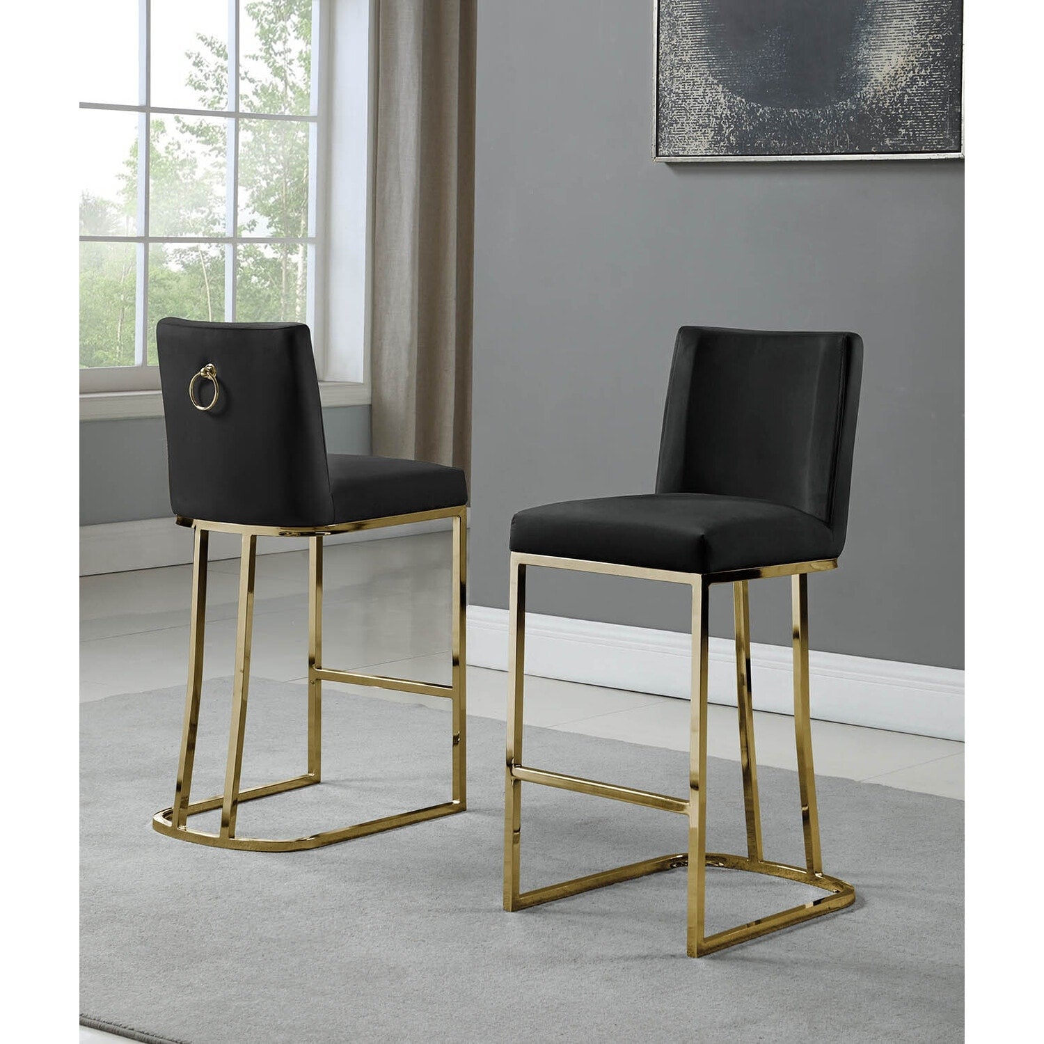 39.5 In.H Black Finish Low Back Metal Frame Barstool Velvet Seat Set Of 2 41