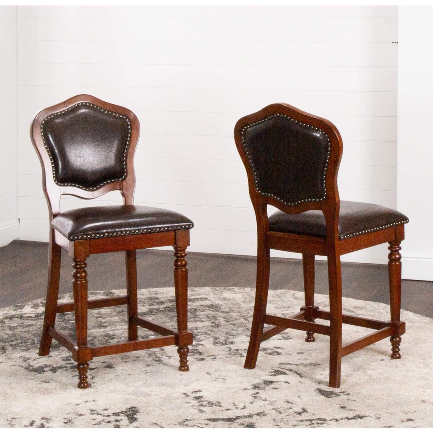 39.5 In.H Brown Finish Low Back Wood Frame Barstool Leather Seat Set Of 2 41