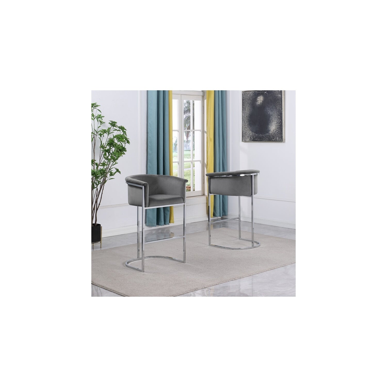 39.5 In.H Gray Finish Low Back Metal Frame Barstool Velvet Seat Set Of 1 41