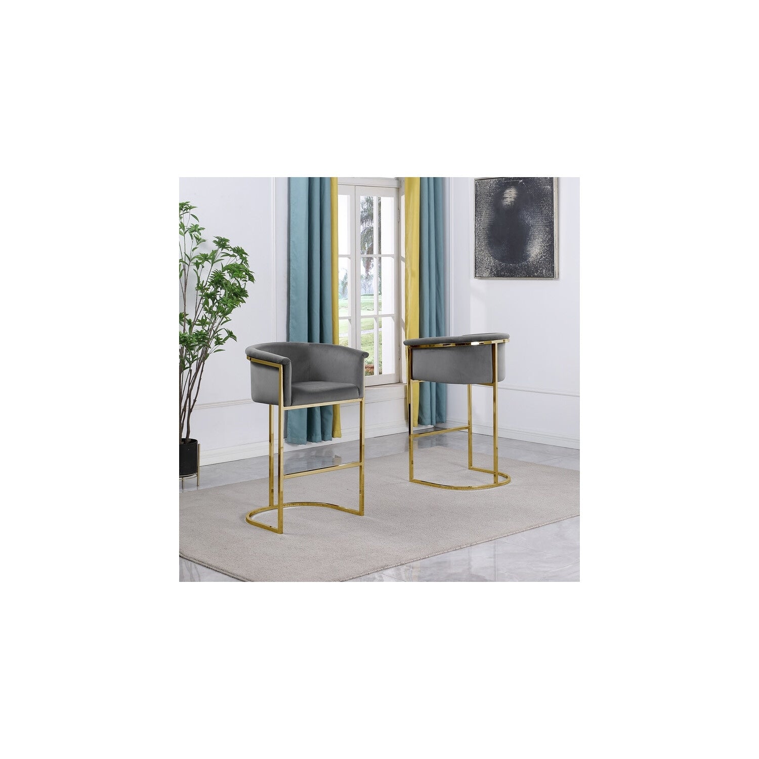 39.5 In.H Gray Finish Low Back Metal Frame Barstool Velvet Seat Set Of 1 41