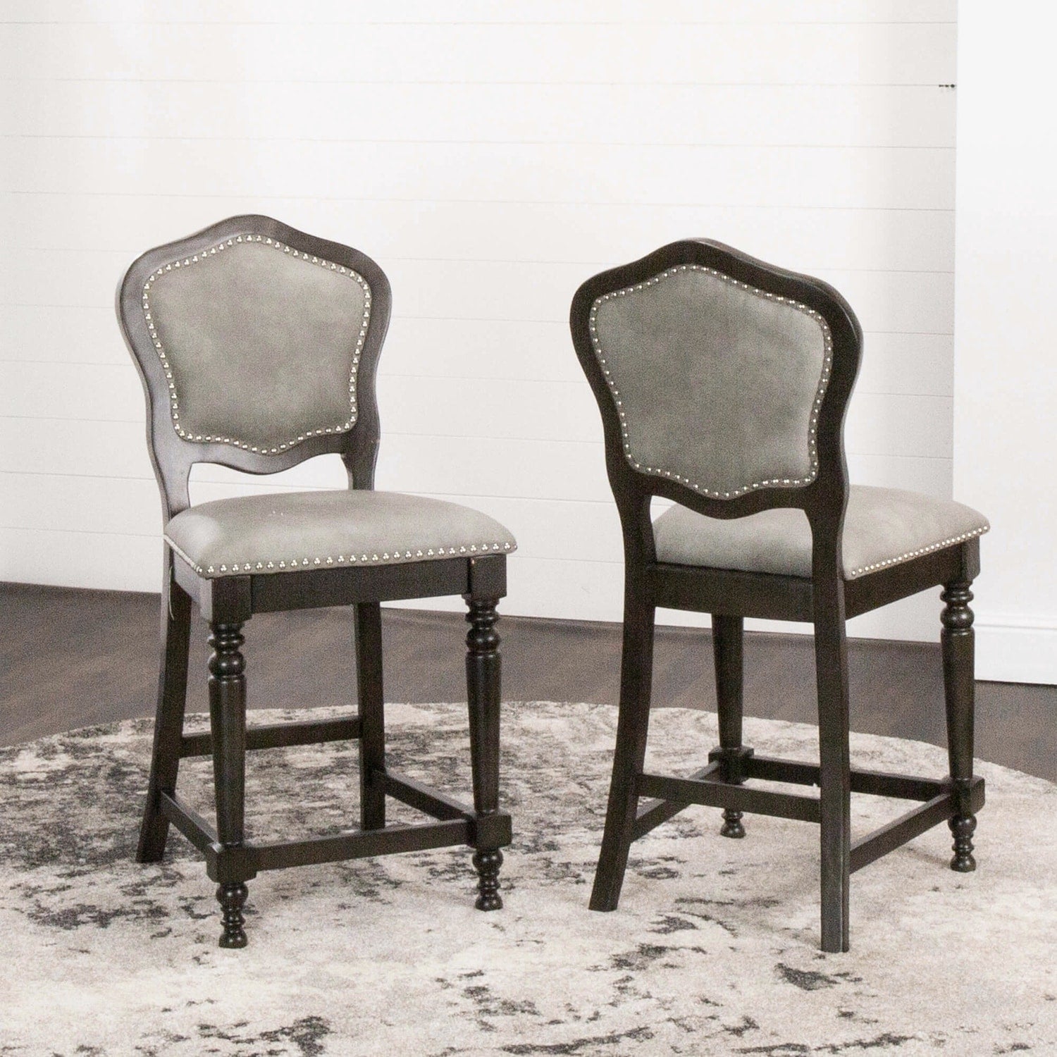 39.5 In.H Gray Finish Low Back Wood Frame Barstool Leather Seat Set Of 2 41