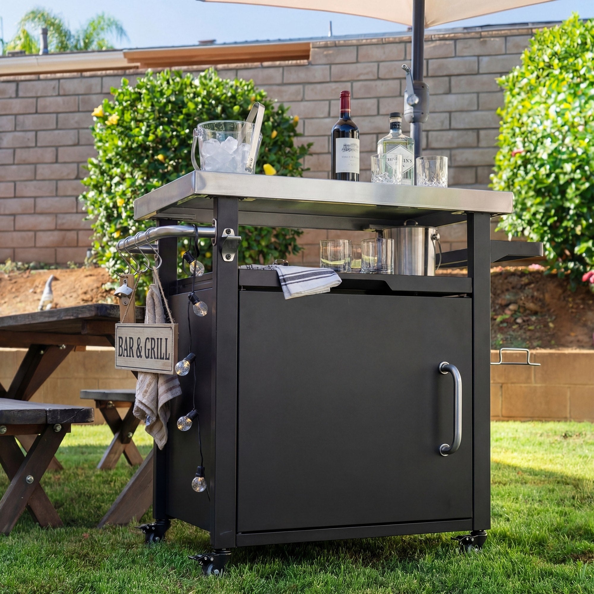 39.5 Outdoor Grill Cart Kitchen Island With Storage Cabinet Black Patio Serving Cart Rolling Island