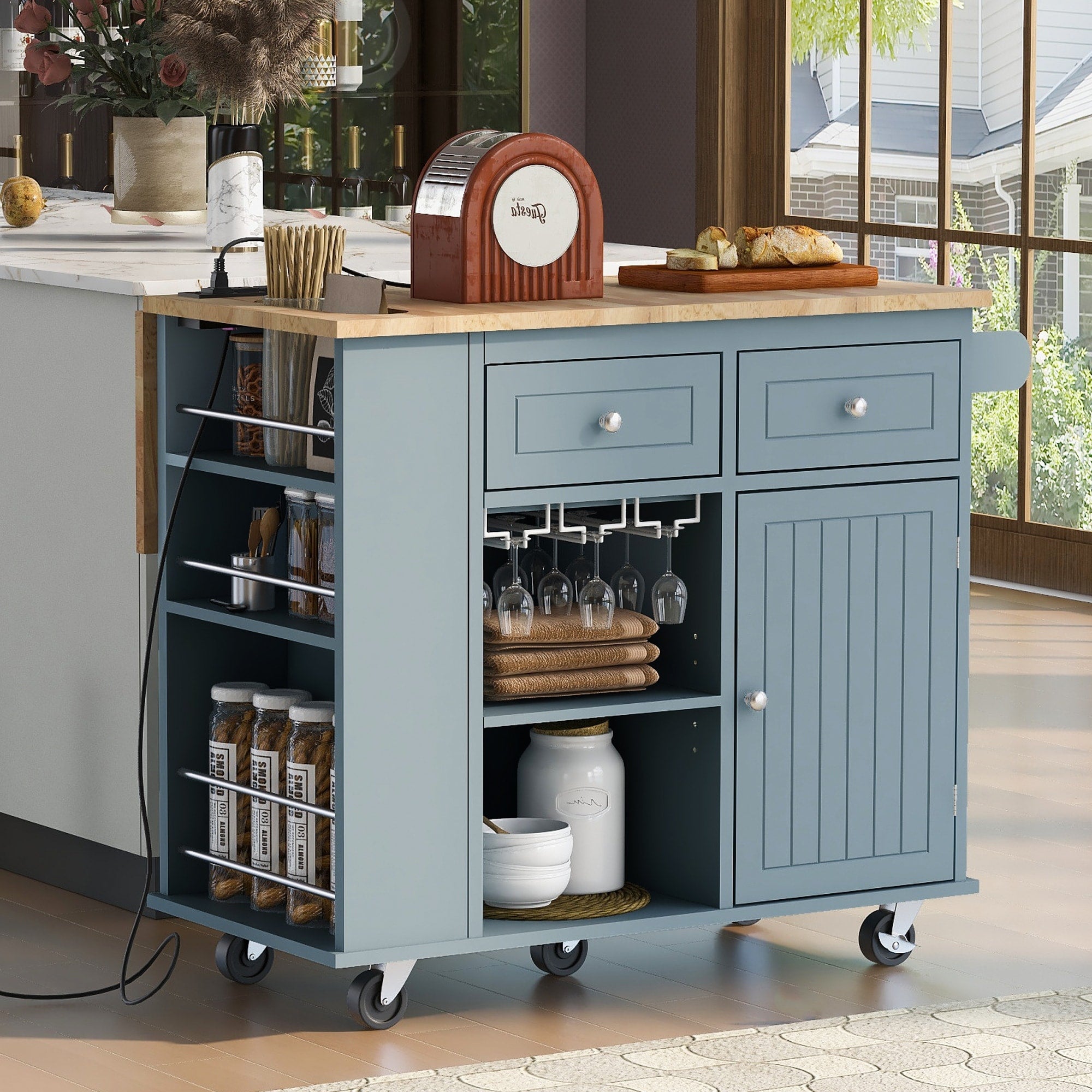 39.80 Rubber Wood Kitchen Island With Power Outlet Drop Leaf Adjustable Shelf And 2 Drawers 39.8 X 29.33 X 33.7