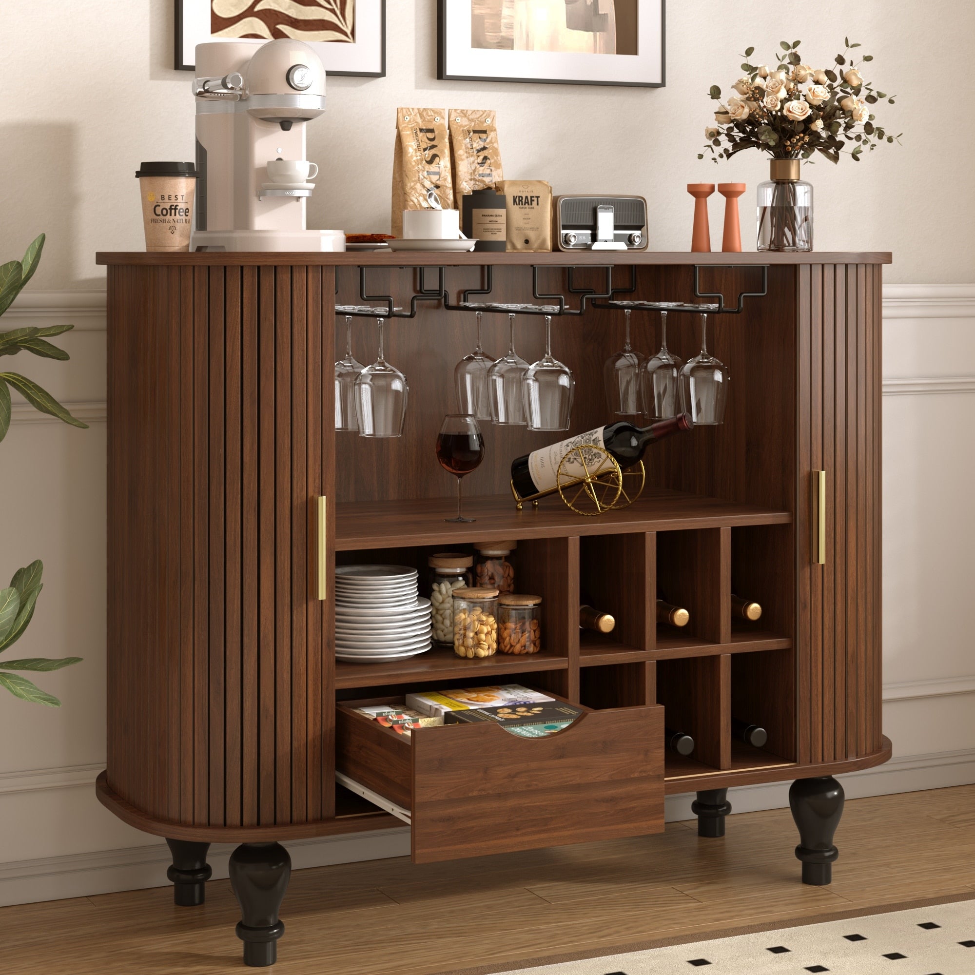 39 Modern Cabinet With Fluted Texture And Ample Storage Farmhouse Coffee Bar Cabinet With 6 Wine Racks And 3 Glass Holders
