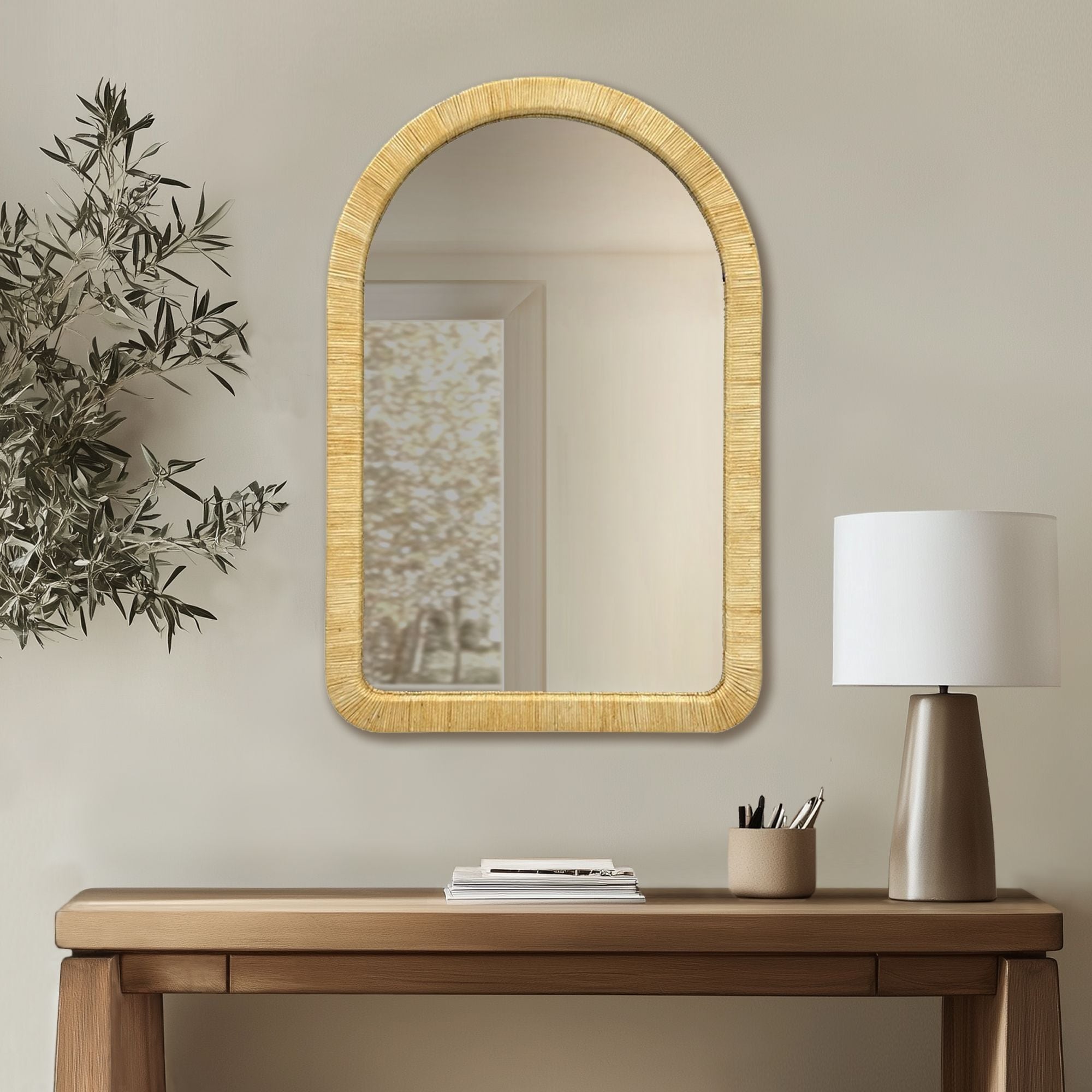39 Natural Rattan Arched Wall Mirror