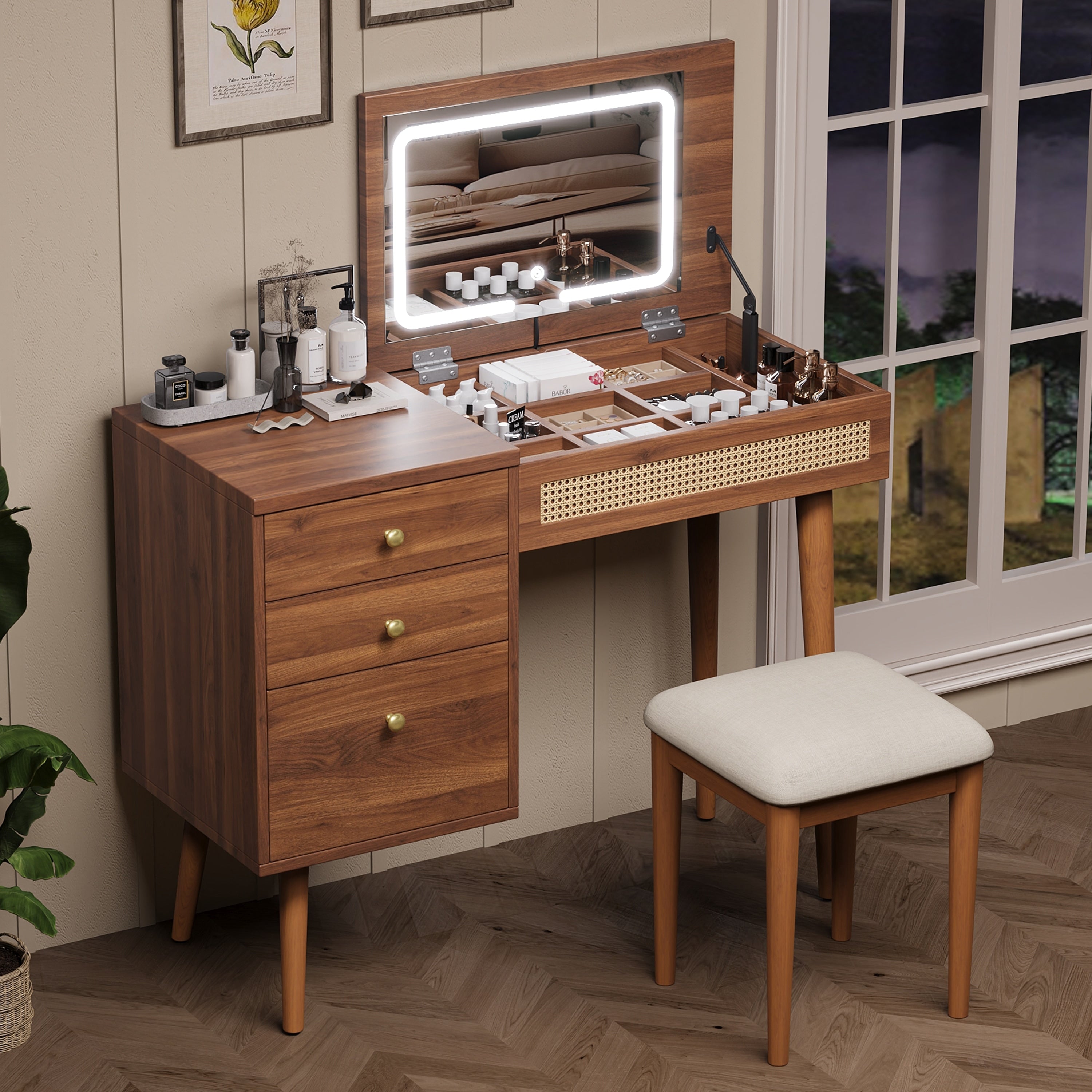 39 Retro Makeup Vantiy Set With Flip Top Mirror And Led Lights Walnut Dressing Table Desk With Stool