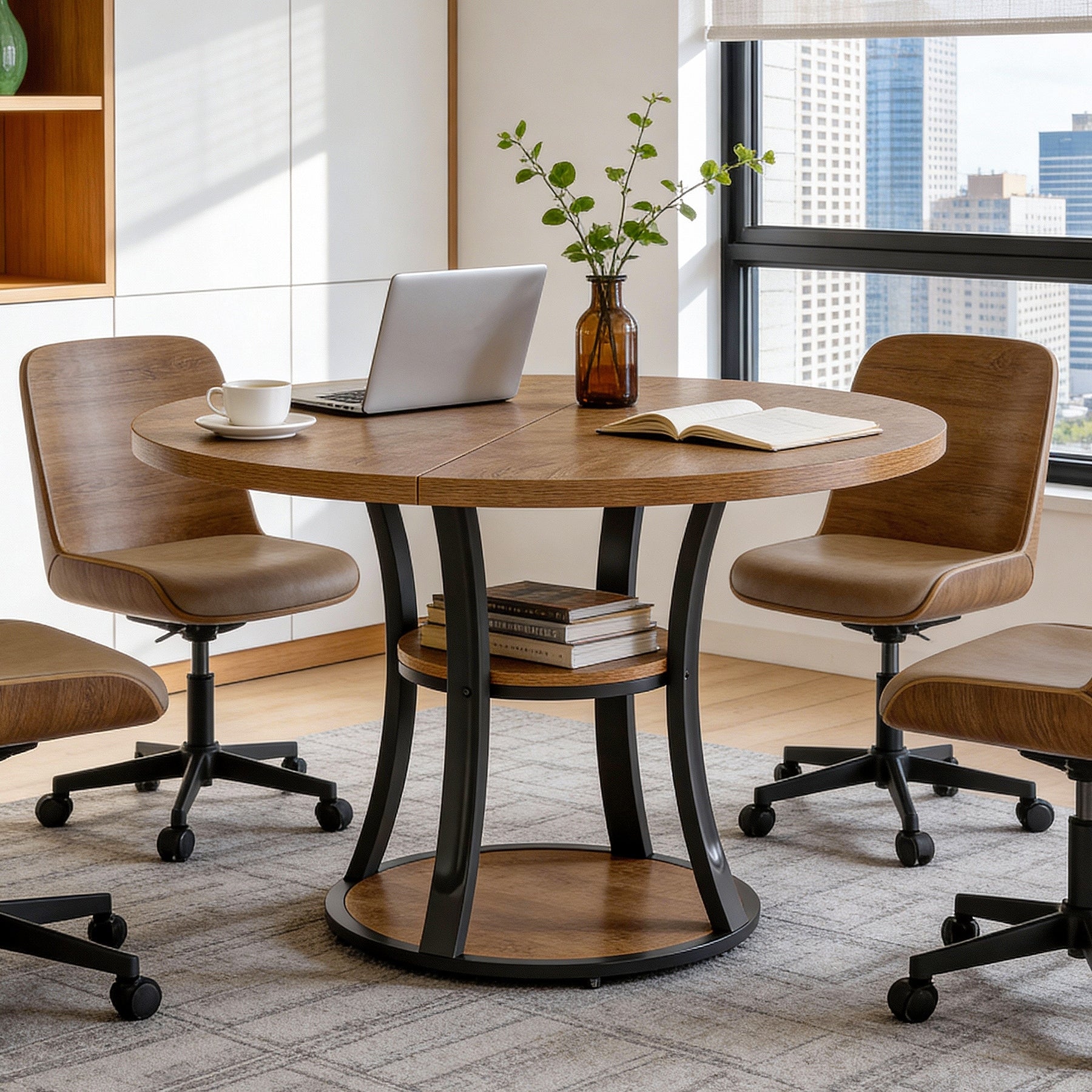 39 Round Conference Table With 2 Tier Storage Shelf For Meeting Room 39.37 D X 39.37 W X 29.53 H