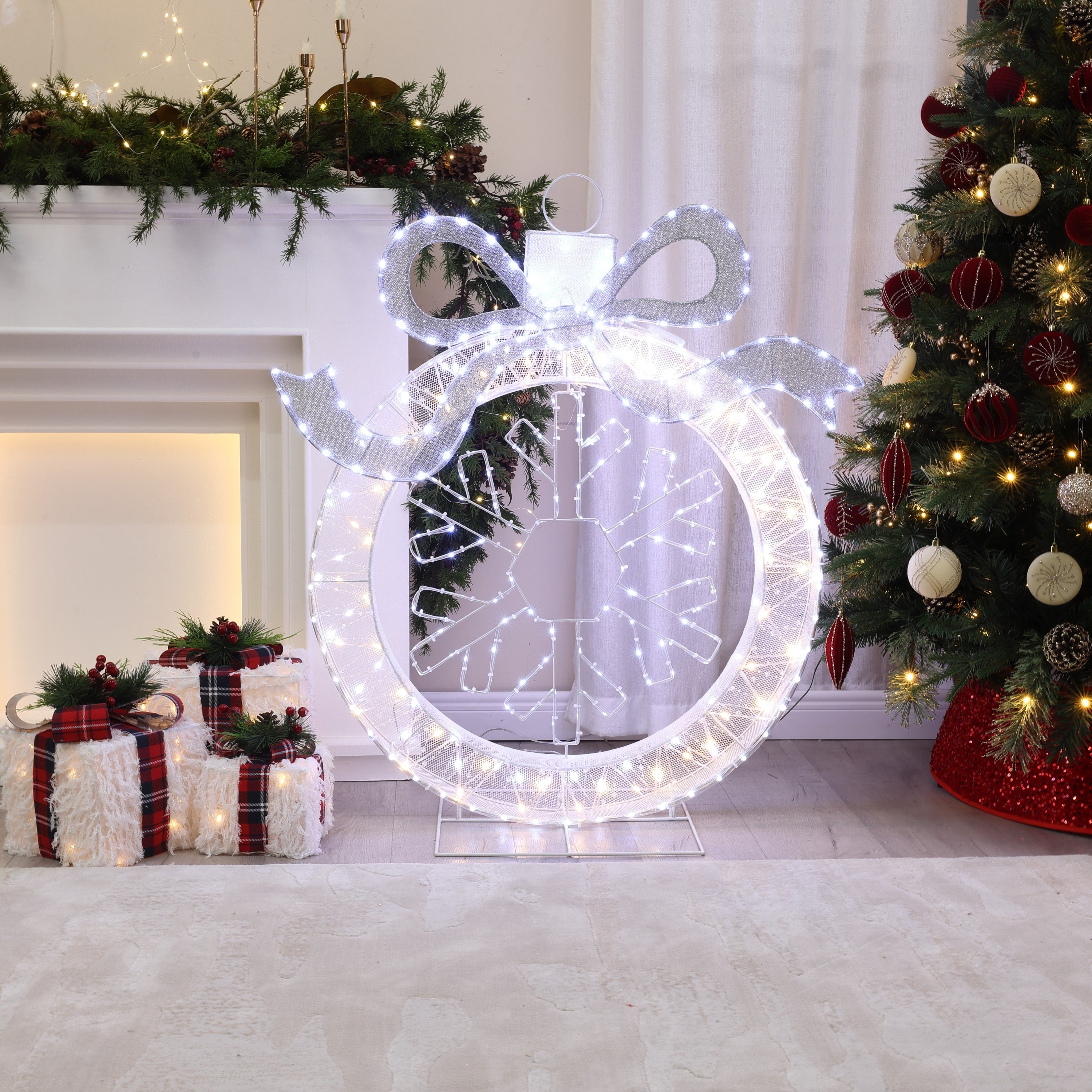 3Ft Lighted Silver White Ornament W Snowflake Wreath Holiday Decoration