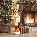 3Ft Tall White And Gold Nutcracker Soldier Decoration With Scepter And Lights 35.43 H X 13.89 W X 11.02 D