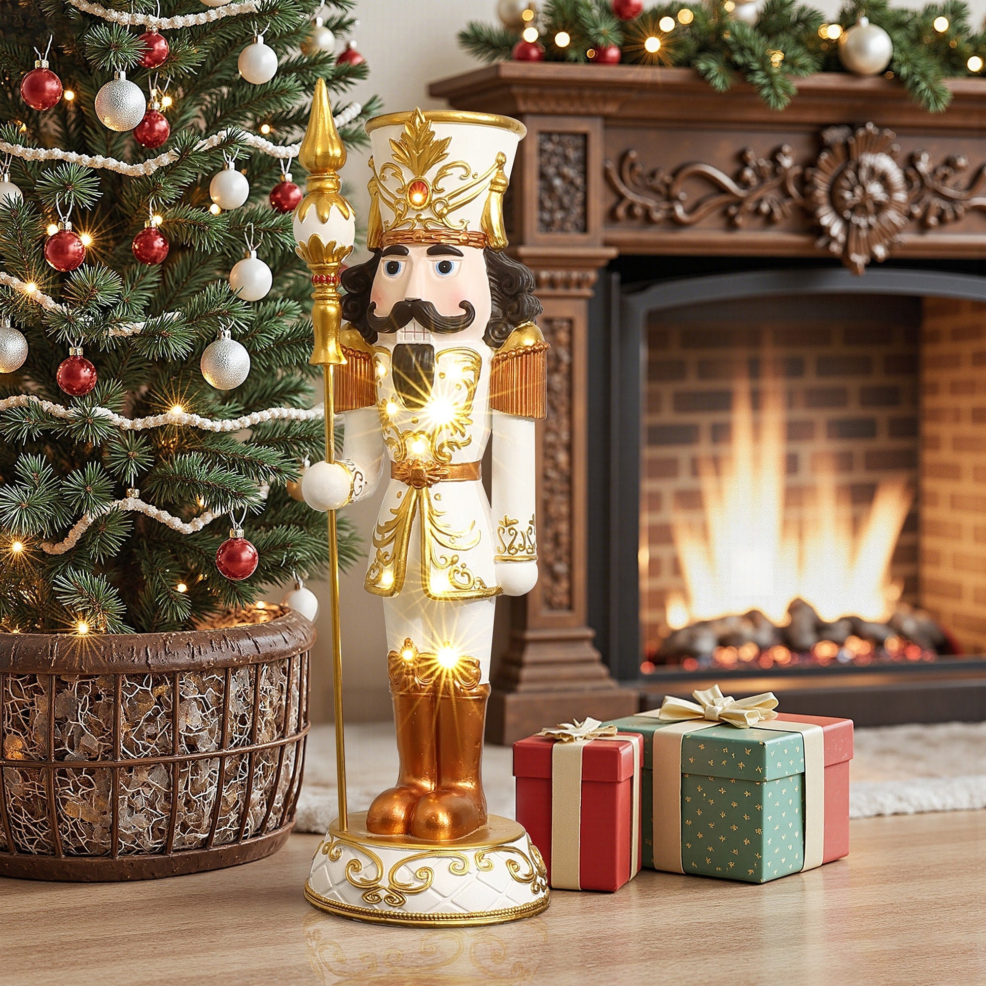3Ft Tall White And Gold Nutcracker Soldier Decoration With Scepter And Lights 35.43 H X 13.89 W X 11.02 D