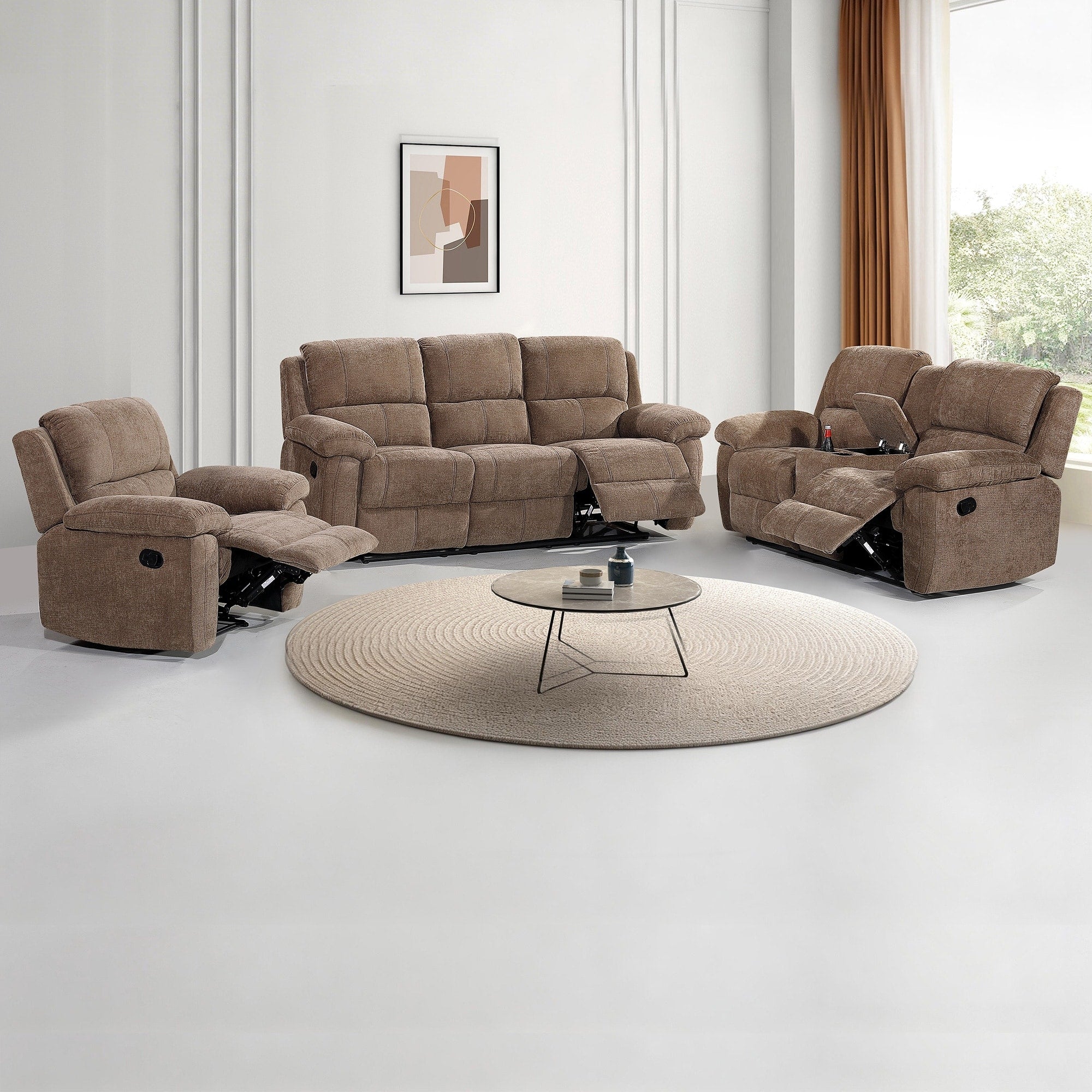 3Pc Modern Fabric Manual Recliner Sofa Set Couch Loveseat W Console Recliner