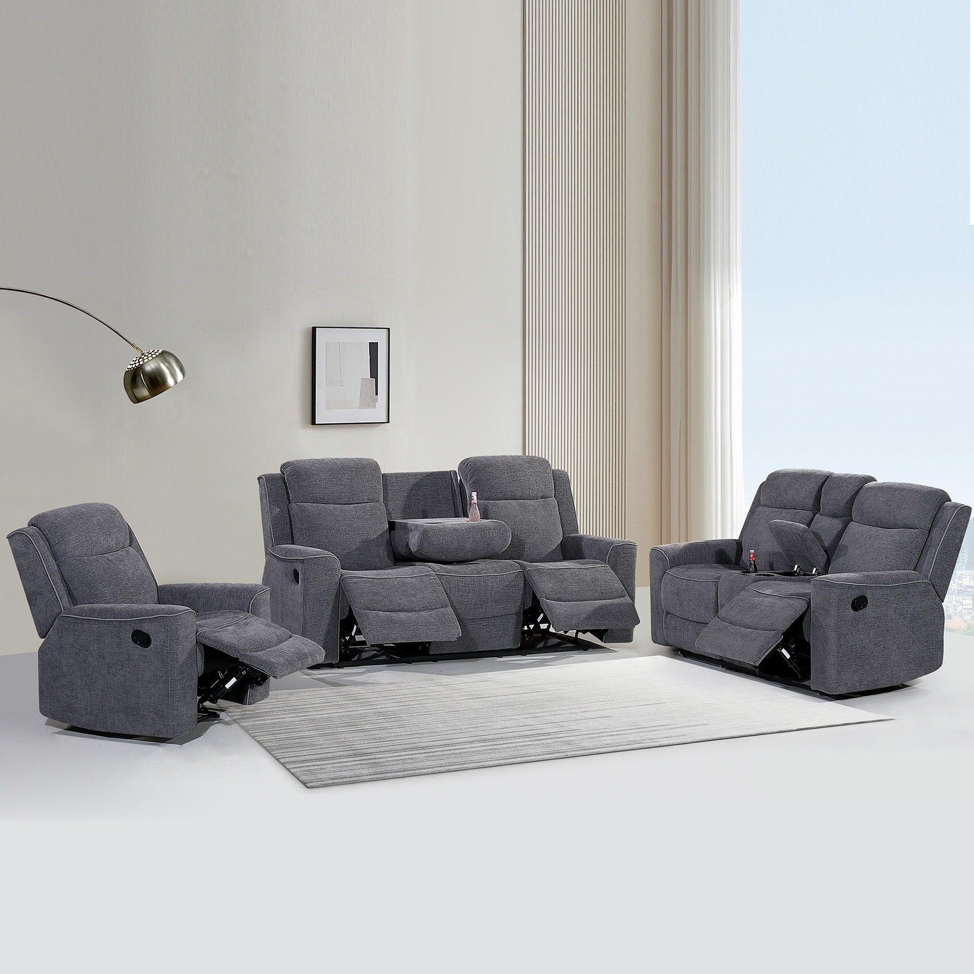 3Pc Soft Microfiber Manual Reclining Sofa Set Sofa W Dropdown Table Loveseat With Bluetooth Speaker And Type C Charger