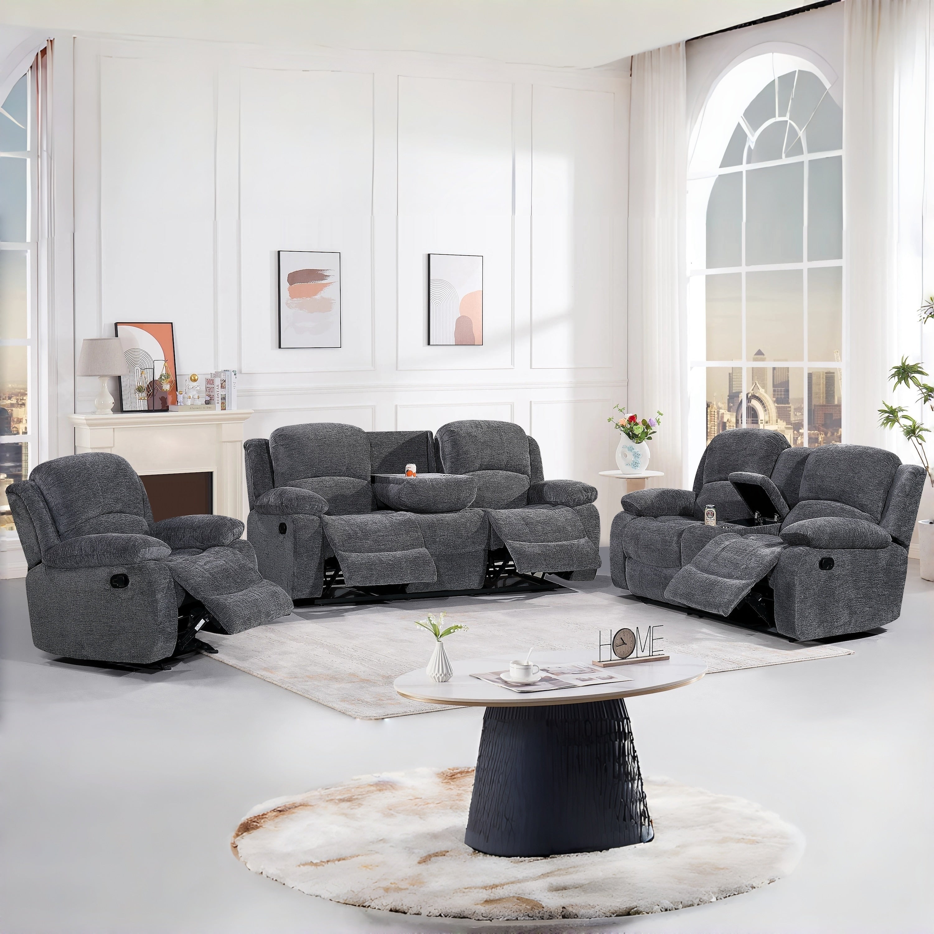3Pc Soft Microfiber Manual Reclining Sofa Set Drop Down Table Cupholder Console Living Room Set