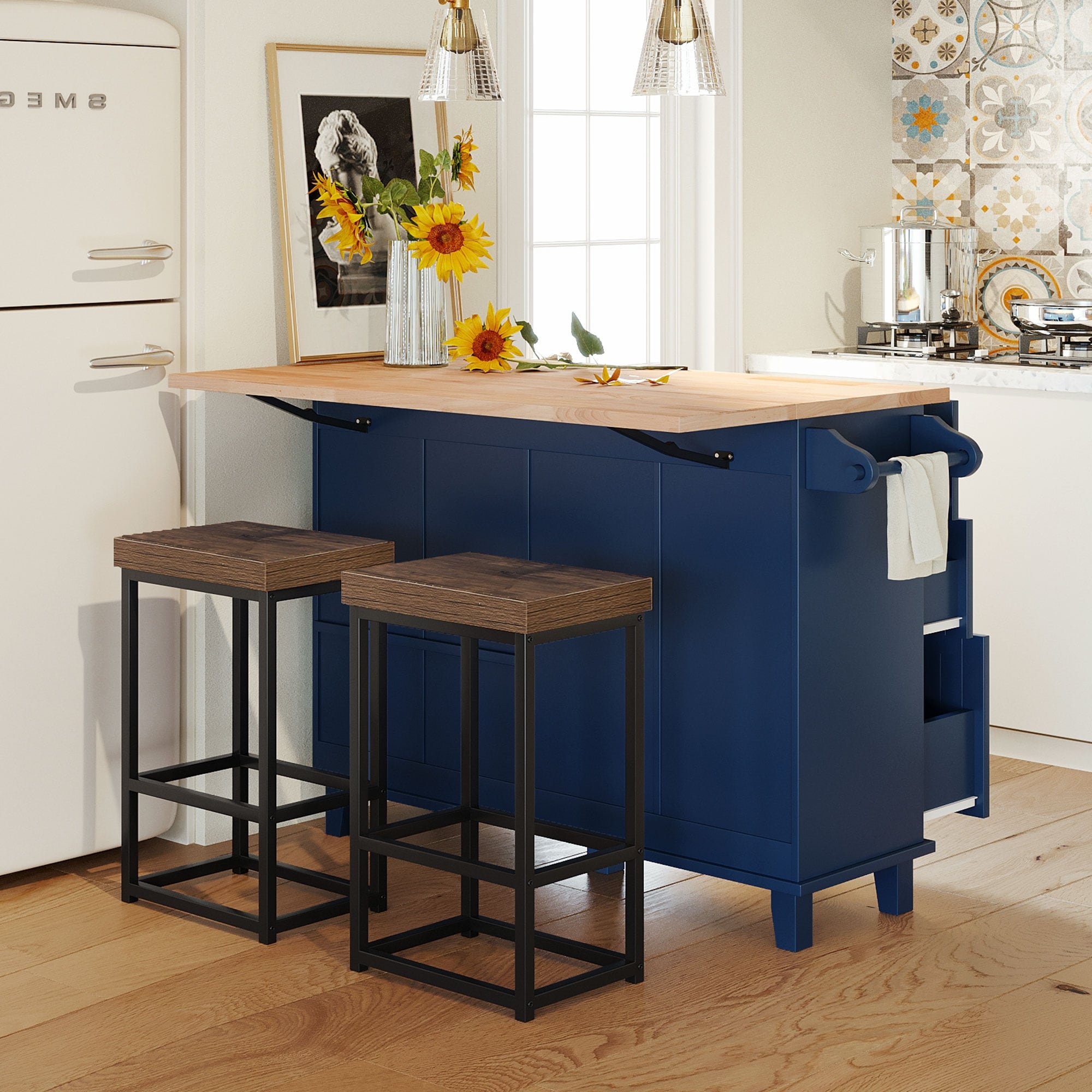 3Pcs Sets Farmhouse Kitchen Island With 2 Seatings Drop Leaf Cabinet Drawers Towel Rack