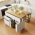 3Pcs Sets Farmhouse Kitchen Island With 2 Stools Drop Leaf Cabinet Drawers Door Shelves Power Outlet