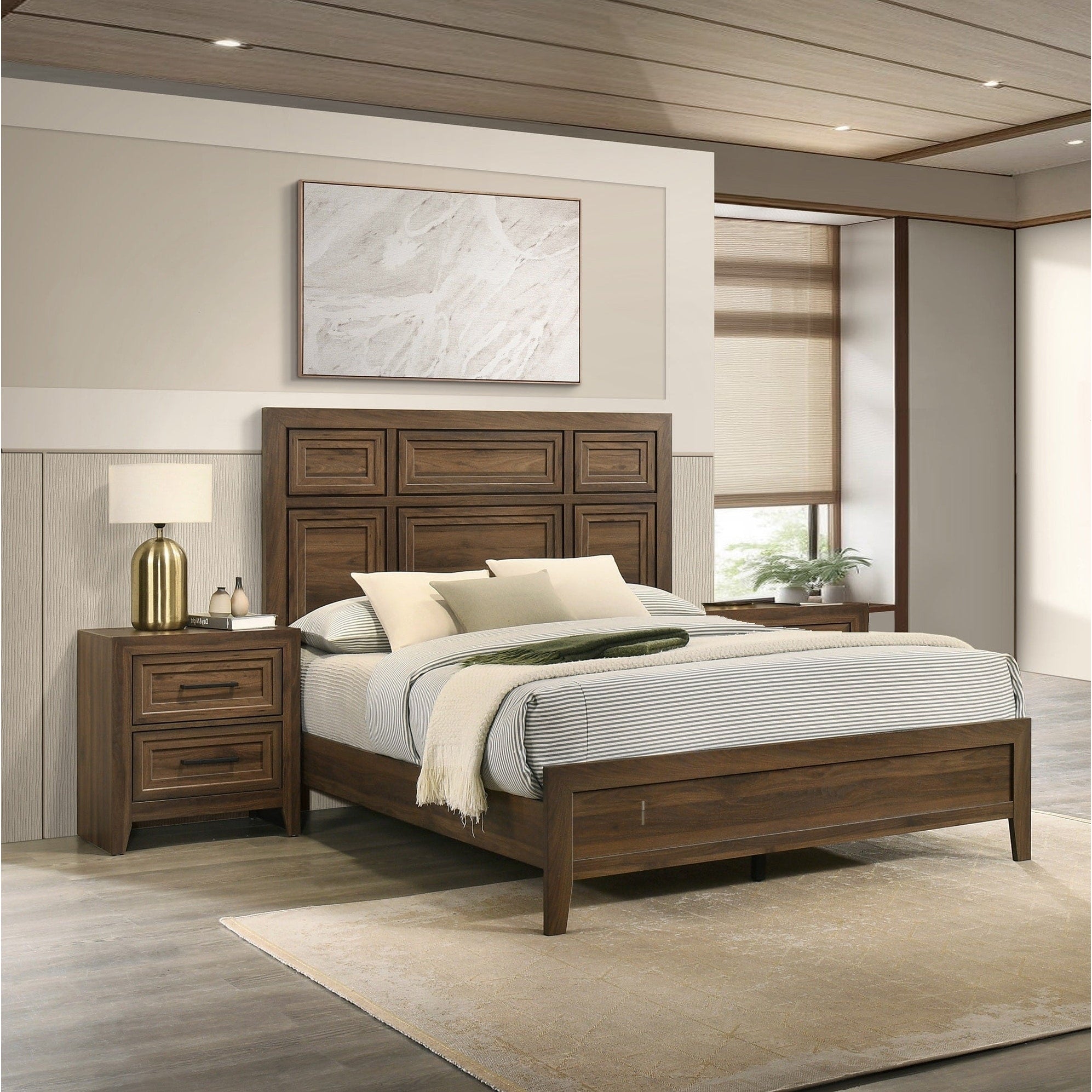 3Pc Antique White Architectural Paneling Bed 2X Nightstands Wooden Bedroom Furniture Set