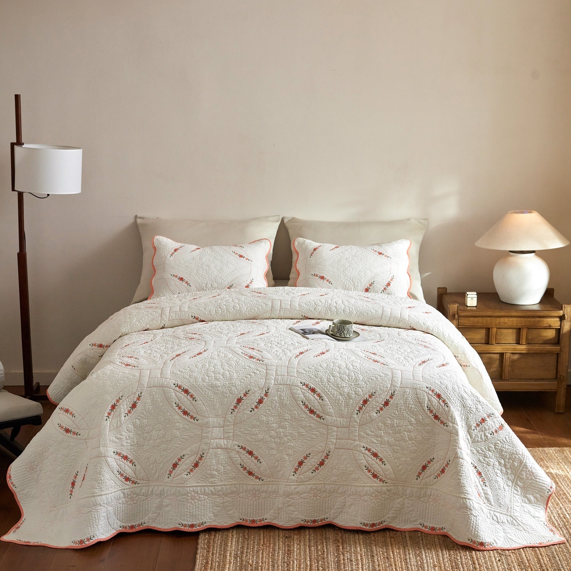 3Pcs Cotton French Country Quilt Bedspread Set Floral Embroidery