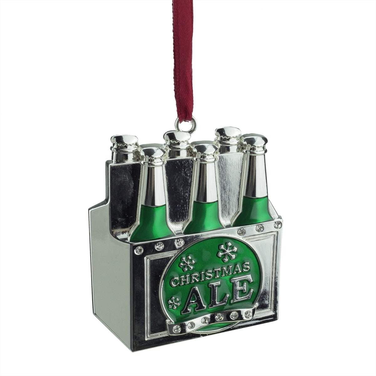 3 Regal Silver Plated Green 6 Pack Of Christmas Ale Ornament With European Crystals